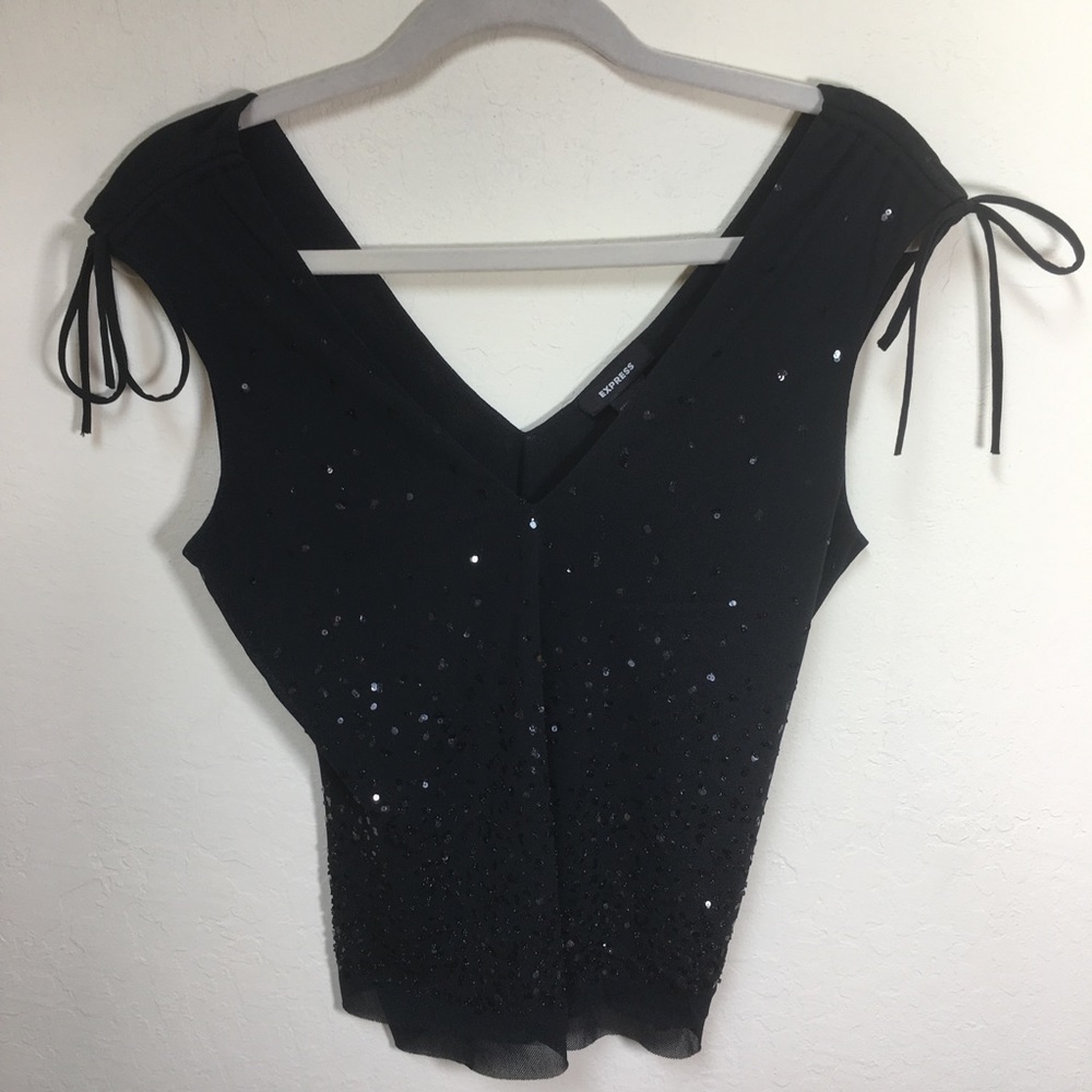 Black V-Neck Sleeveless Sequin Top Sz M‎